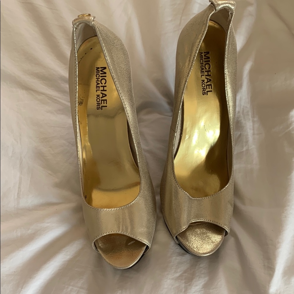 Michael Kors Gold Leather Peep Toe Heels